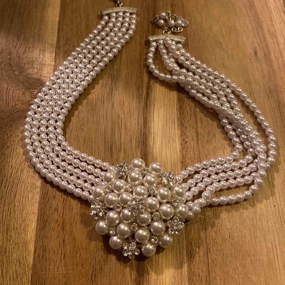 Multi-Strand Pearl Choker with Beaded Pearl and Rhinestone Pendant